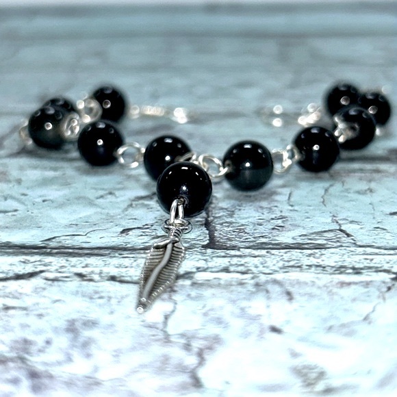 Handmade Feather Charm Bracelet with Natural Obsidian Stones! - Picture 4 of 6
